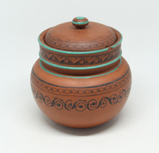 Prattware style terracotta pottery lidded pot turquoise enamel England FLAW