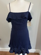 Women’s Medium Altar’d State Ruffle Neck Spaghetti Strap Navy Blue Dress NWT
