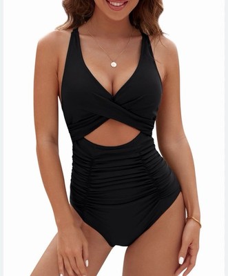 Blooming Jelly Ruched Black One Piece Swimsuit Sz L Cutout Slimming Chic NWT