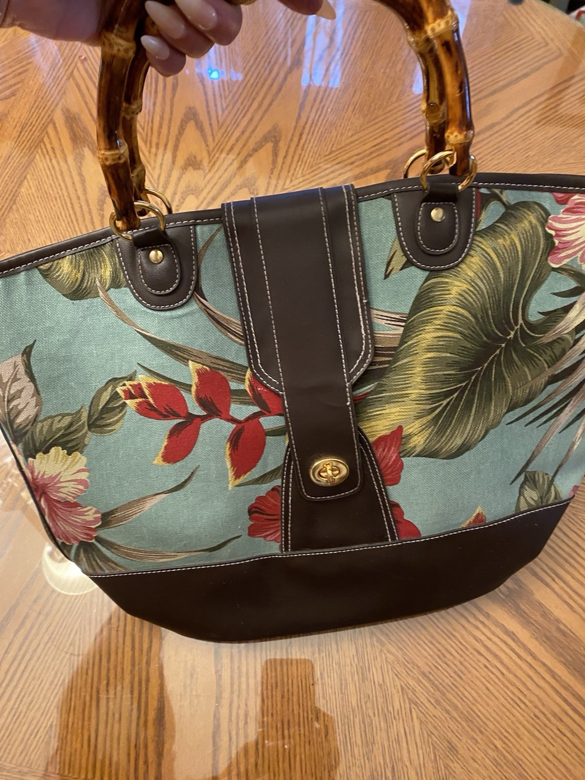 Aqua Floral Tote With Brown Trim And Bamboo Handles