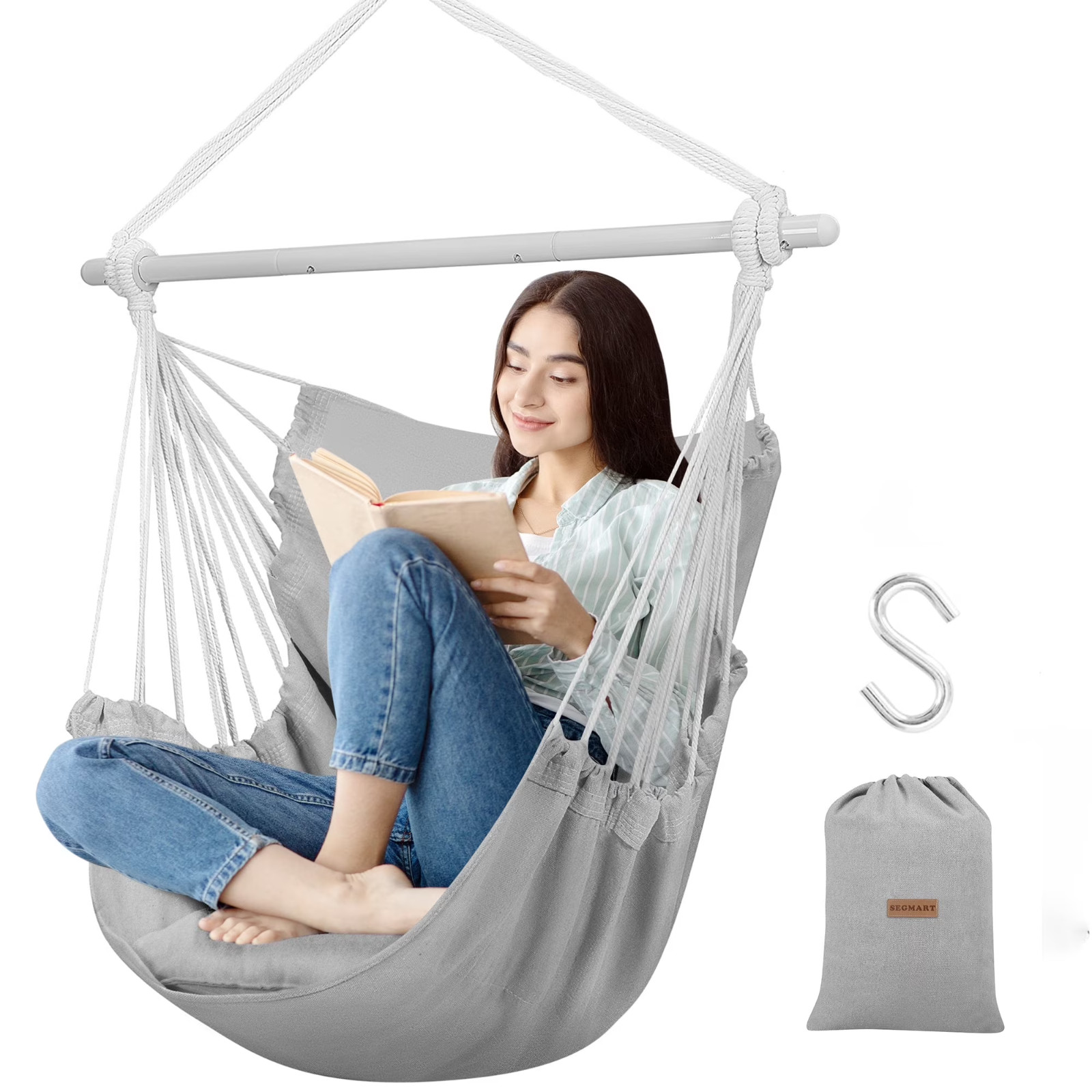 Segmart Outdoor Hanging Hammock Chair Swing w Pillow Galvanized Pipe Frame Gray