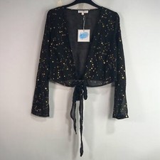 Cloud Ten Sheer Star Print Tie Crop Top, Size S - Black/Gold Women's