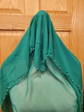 Women's Chiffon Scarf Hijab Head Wrap Shawl Scarf Pearl Trim 33x34" ~ Green