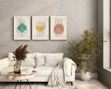 Trendy Contemporary Set Of 3 Abstract Geometric Wall Art Canvas Framed Print