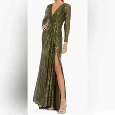 Ieena Mac Duggal Olive Green Long Sleeve Sequin Faux Wrap Side Slit Gown 10 $398