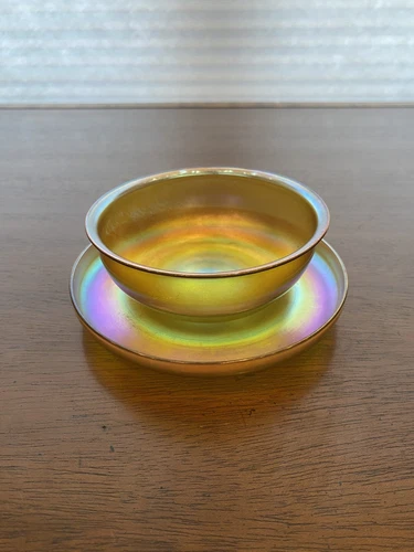RARE ANTIQUE LCT LOUIS COMFORT TIFFANY Gold Iridescent Bowl W/Underplate SIGNED