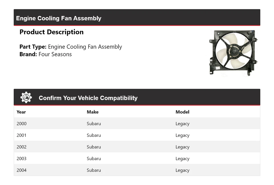 For 2000-2004 Subaru Legacy Engine Cooling Fan Assembly 4 Seasons 2001 2002 2003 - Image 2 of 4