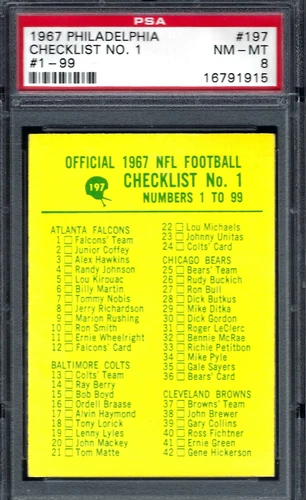 1967 Philadelphia FB #197 PSA 8 Checlist No 1 197