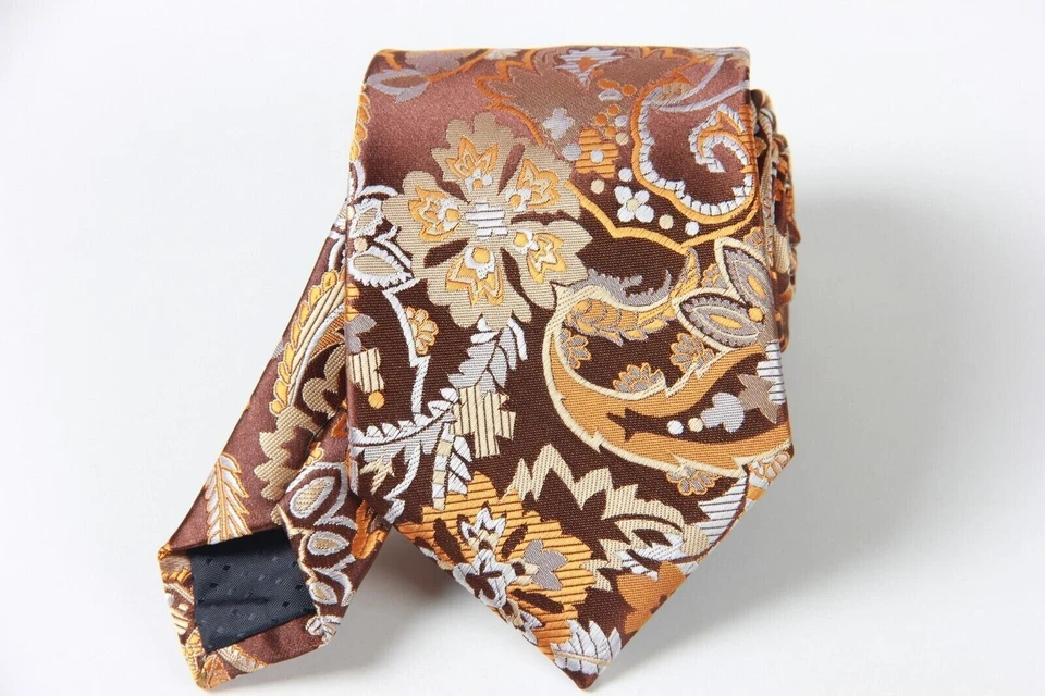 Classic Floral Brown White Jacquard Silk Men's Tie Necktie Hanky Cufflink Set - Image 4 of 4