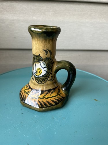 Vintage Calla Lilly Flower Mexican Folk Art Pottery Terracotta Candlestick 5"