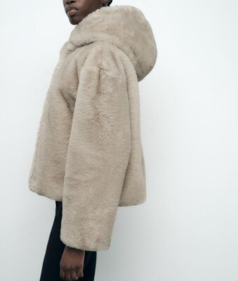 ZARA SHORT FAUX FUR COAT WITH HOOD LIGHT CAMEL NEW FW24/25 XS-XXL