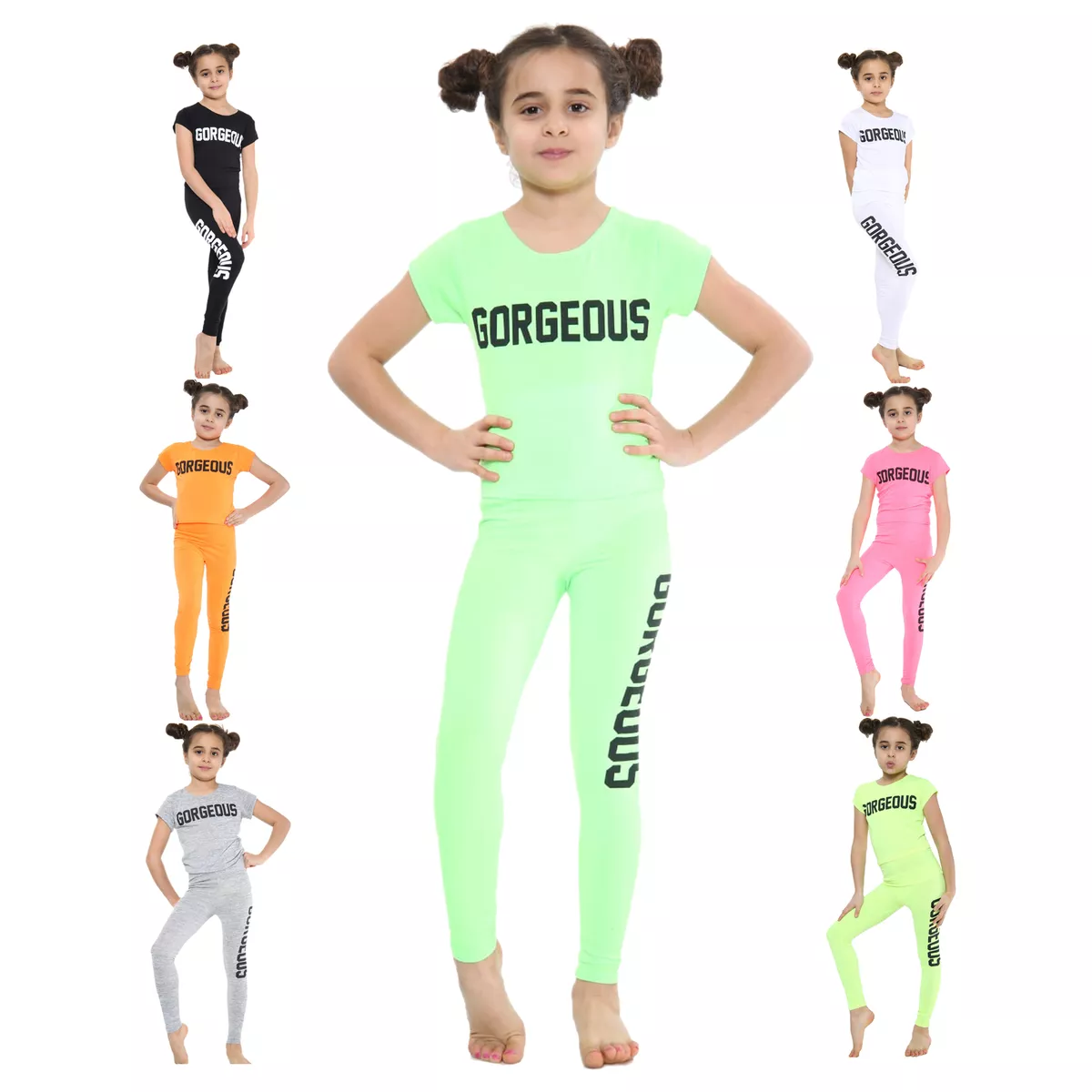 Girls Tops and Leggings Set Gorgeous Print Outfit Neon Crop T-Shirt 5 - 14  Years