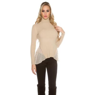 Trendy Rippstrick-Pullover mit Rollkragen und Chiffon Beige 34/36/38 #P1476