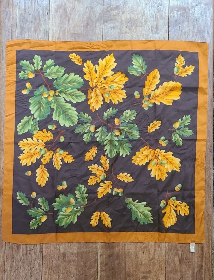 Vintage St Michael Scarf Acorns Oak Leaves Autumn Gold Blue Made in Italy 26" Sq