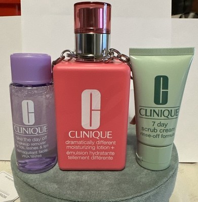Clinique Dramatically Lotion Breast Cancer Edition 6.7 oz & Remover & Scrub  