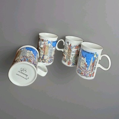 Vtg Dunoon Scotland Fine Bone China Mug Set 4 Christmas Windows 1991 Scullard