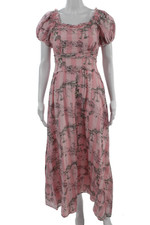 Love Shack Fancy Womens Maxi Dress Pink Check Square Neck Short Sleeve Size 2