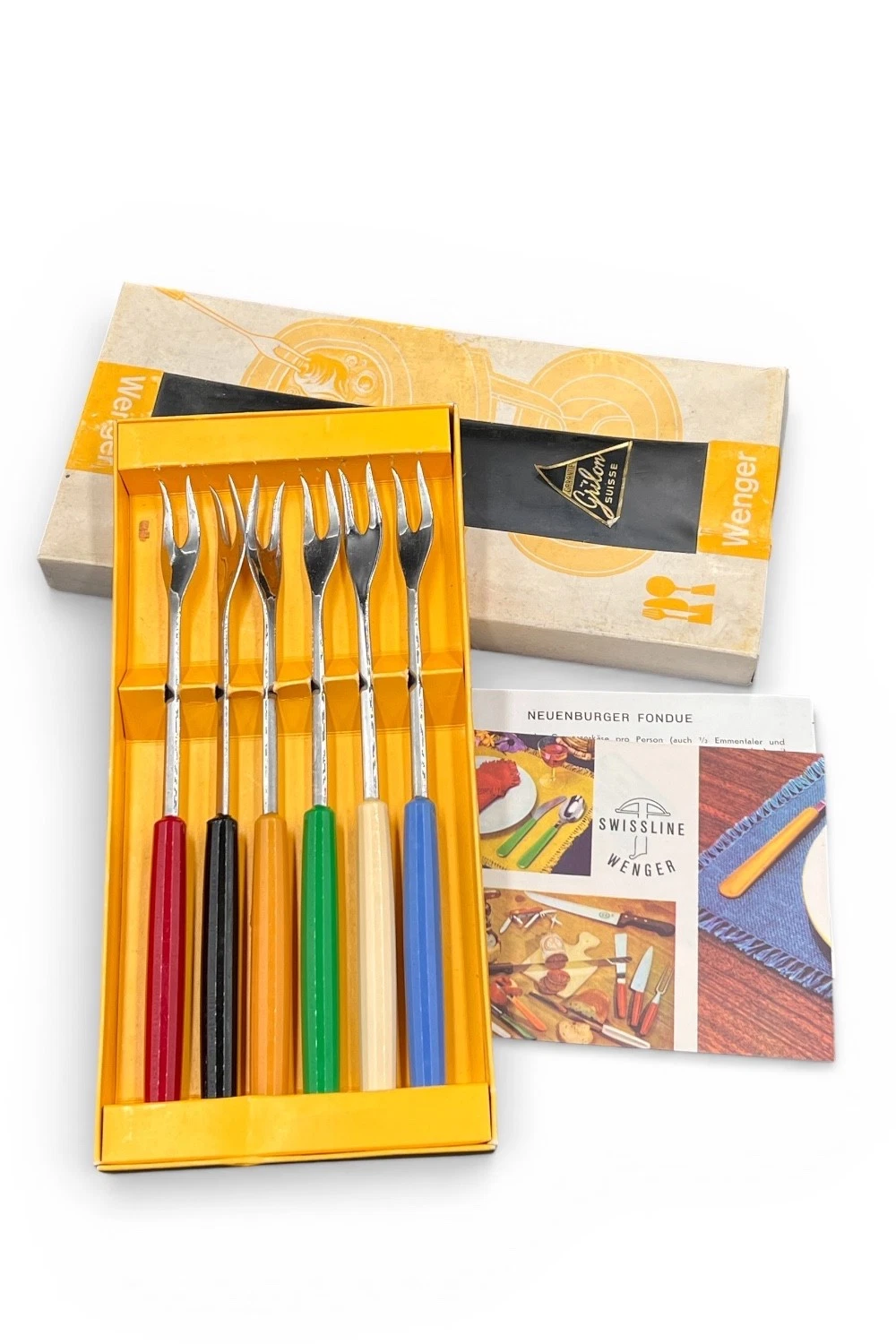 Wenger Set of Six Switzerland Colourful Handle Fondue Forks Vintage MCM Boxed
Opens in a new window 