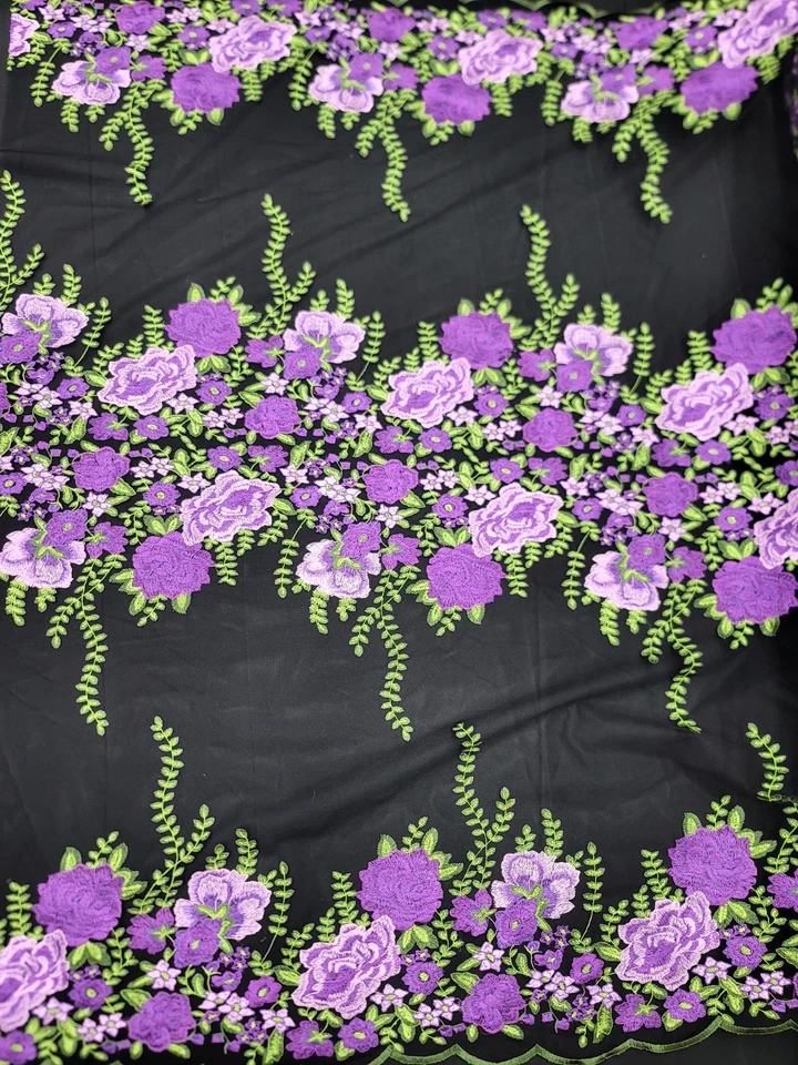 Fabric Sold By The Yard Purple Embroidery Lace Floral Flowers on Black Mesh - Image 2 of 4