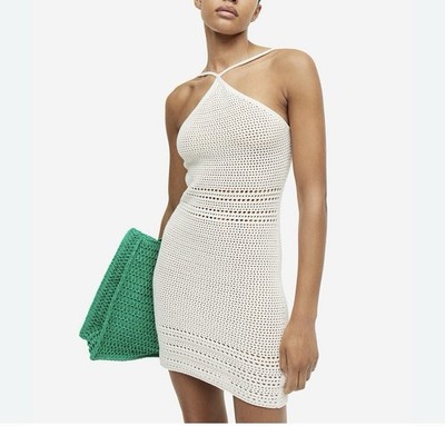 H&M Crochet Look Dress Cream Off-white Halterneck Hole Knit Women s Size XL NWT