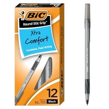 Bic Round Stic® Grip™ Xtra-comfort Medium Ball Point Pen, Black, 12 Pa