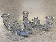 2 VTG 1940s Double Arm GLASS CANDLESTICKS Clear Leaded  Etched Candle Holders