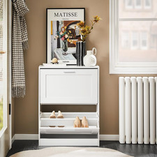 Slim White Shoe Storage Cabinet with 2 Flip-Drawers for Entryway