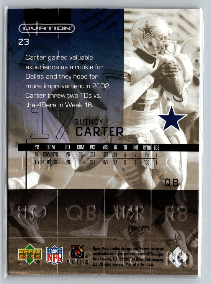 2002 Upper Deck Ovation #23 Quincy Carter - Image 2 of 2