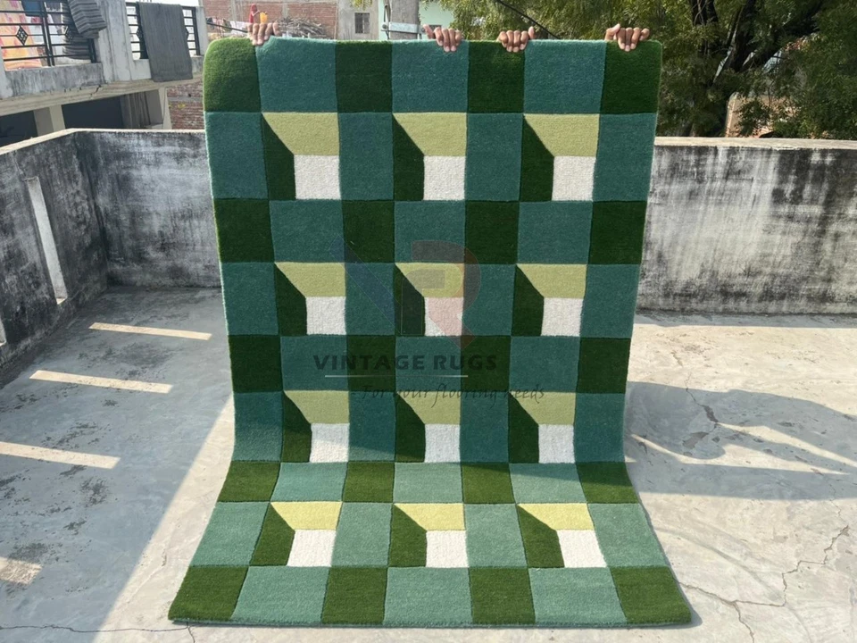 Alfombra de lana acolchada a mano 8x10 - Alfombra de área bloque geométrico moderna verde helecho, hecha a mano Foto 2 de 4