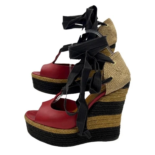 FENDI Red Strappy Lace Up Ankle Platform Rope Stripe Wedges Heels Sz EU 38 7.5