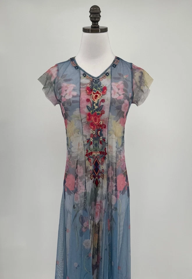 Johnny Was Biya Floral Mesh Embroidered Short Sleeve Maxi Fit Flare Dress Sz XS - Image 2 of 4