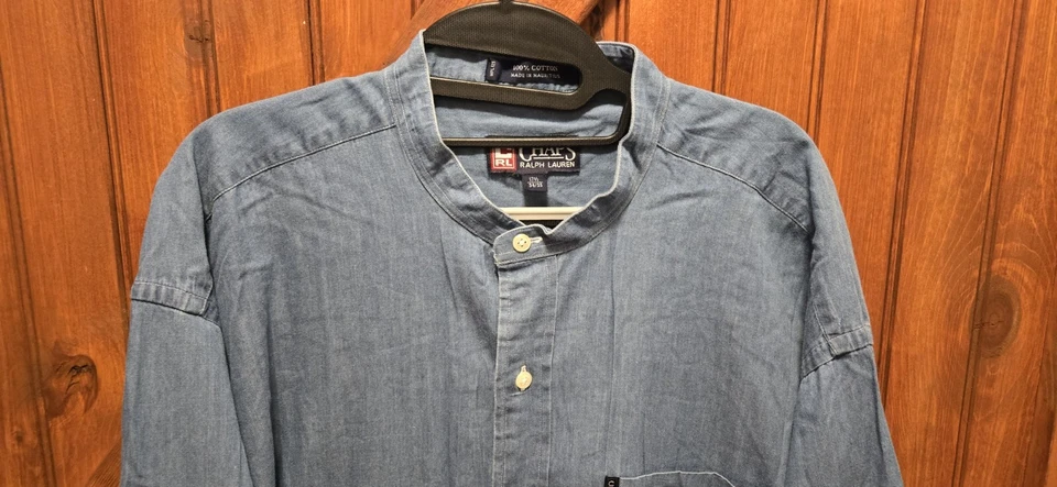Chaps Ralph Lauren Shirt Mens 17.5 Blue Denim Mandarin Collar Western Cowboy - Image 2 of 4