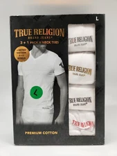 TRUE RELIGION 4 Pack Men's S M L White Premium Cotton V Neck Logo T Shirt Set