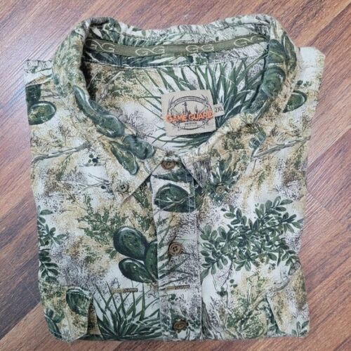 Game Guard Shirt Men 2XL Green Camo Button Up Long Sleeve Hunting Cactus Cotton
