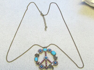 Peace Sign Necklace Pink Pearls Retro Hippy Costume Hippie