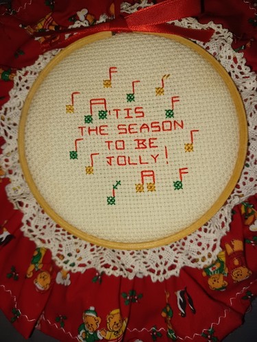 Finished/Completed Cross Stitch Festive Decorated Christmas Ornament Lace Ruffle - Picture 2 of 3