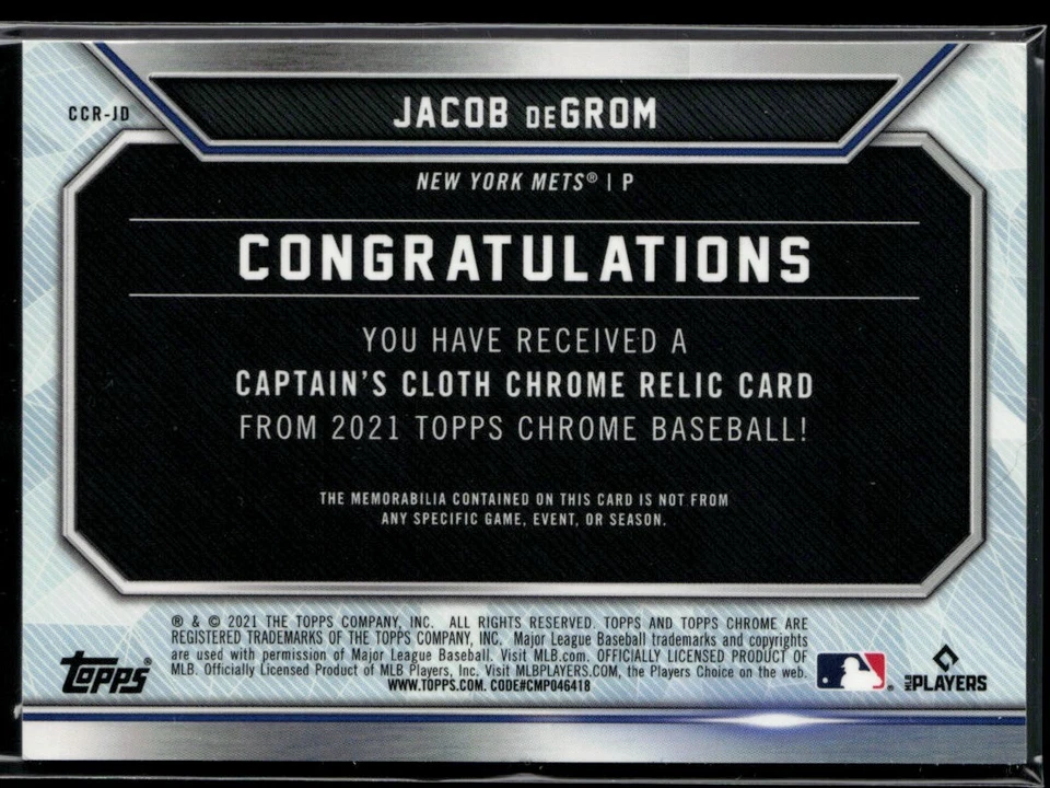 2021 Topps Chrome Captain's Cloth Relics #CCR-JD Jacob deGrom - Image 2 of 2