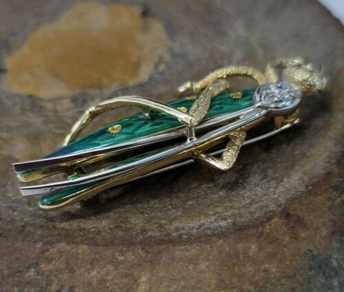 18K 750 Gold Green Enamel Grasshopper Diamond Brooch Pin Italy 7.9g Vintage - Picture 3 of 9