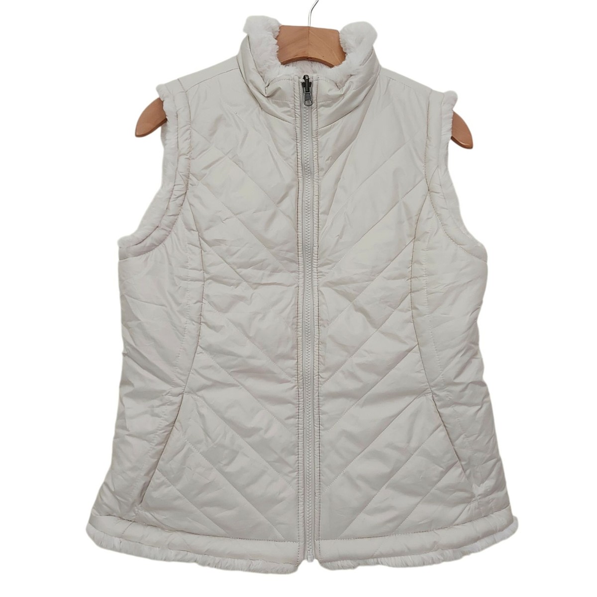 Nicole Miller Faux Fur Reversible Vest Womens Medium Beige Soft