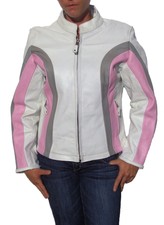 Womens White W Pink, Silver Stripes Leather Racer Motorcycle Jacket Pockets