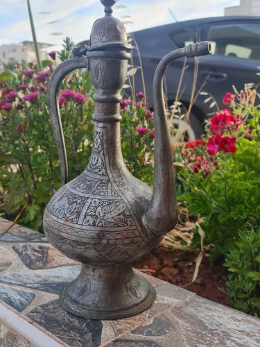 Antique Islamic Ottoman Jug Pitcher Hand Engraved Brass Copper ابريق عثماني قديم - Picture 6 of 24