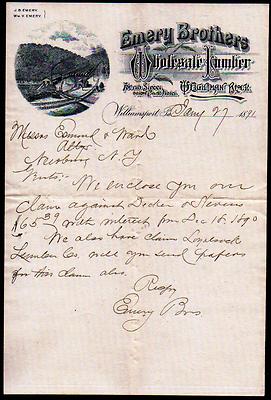 1891 Williamsport PA - Emery Brothers - Lumber - BEAUTIFUL Rare Letter Head Bill