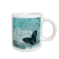 3dRose Caf&eacute; de Paris Teal Butterfly vintage art Mug