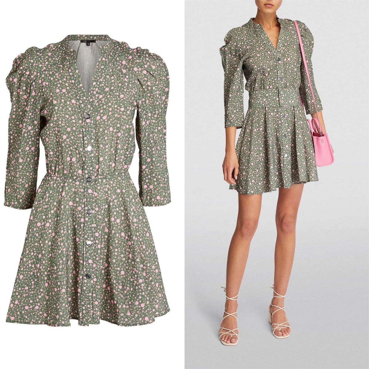 Maje multi rose floral belted puff sleeve mini dress 10/12
