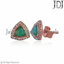 Naturel Pierre Précieuse Émeraude Boucle Solide 14k or Rose Diamant Blanc Clous