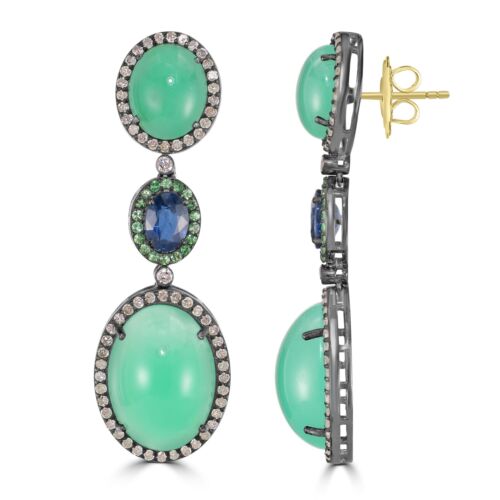 Victorian 31.35 Cttw. Chrysoprase, Blue Sapphire, Tsavorite and Diamond Earrings - Picture 3 of 3
