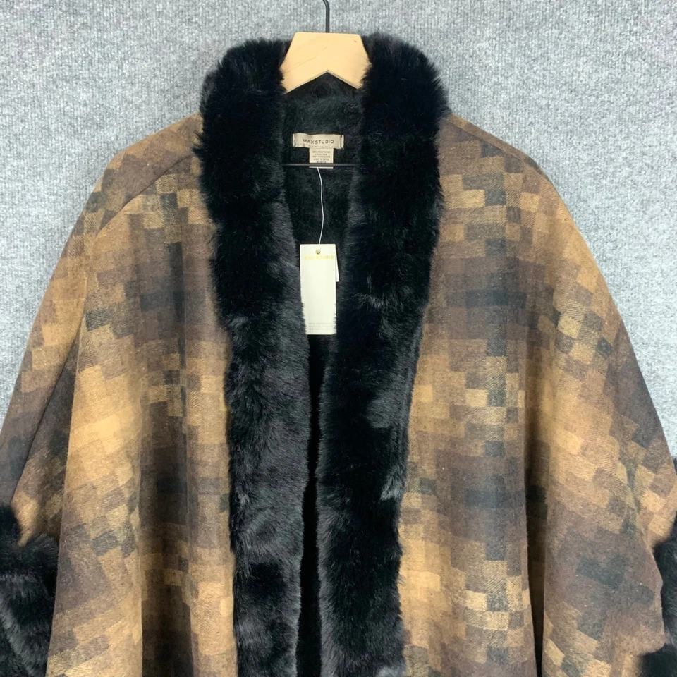 Poncho Max Studio a Cuadros de Piel Sintética Marrón a Cuadros Frontal Abierto Capa Poncho Talla Única Foto 3 de 4