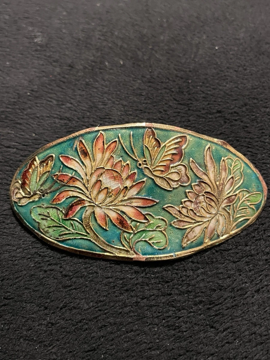 Floral and Butterfly Oval Brooch Gold Tone Vintage, Barrette  display picture 3