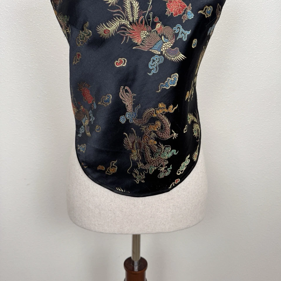 Top halter floral asiático años 90 Y2K para mujer XS* negro sedoso satinado sin espalda festival Foto 3 de 4
