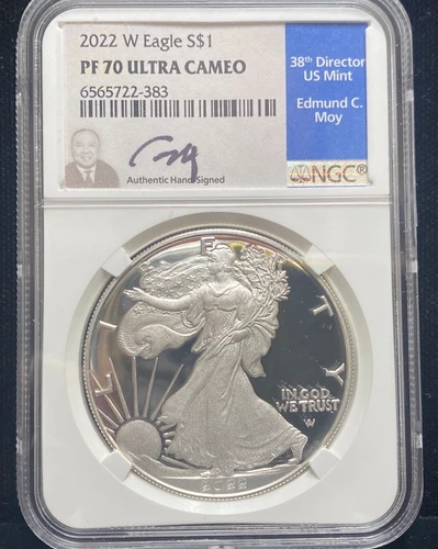 2022 W $1 PROOF AMERICAN SILVER EAGLE NGC PF 70 ULTRA CAMEO EDMUND MOY SIGNED
